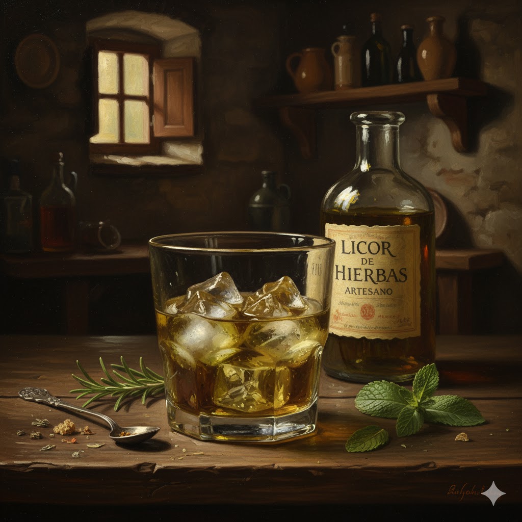 Licor de hierbas servido on the rocks en vaso bajo