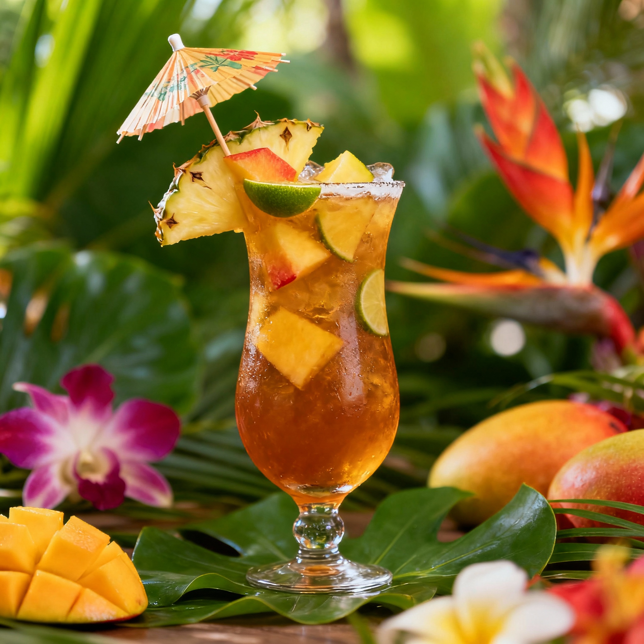 Mai Tai tropical servido en vaso tiki con piña y menta