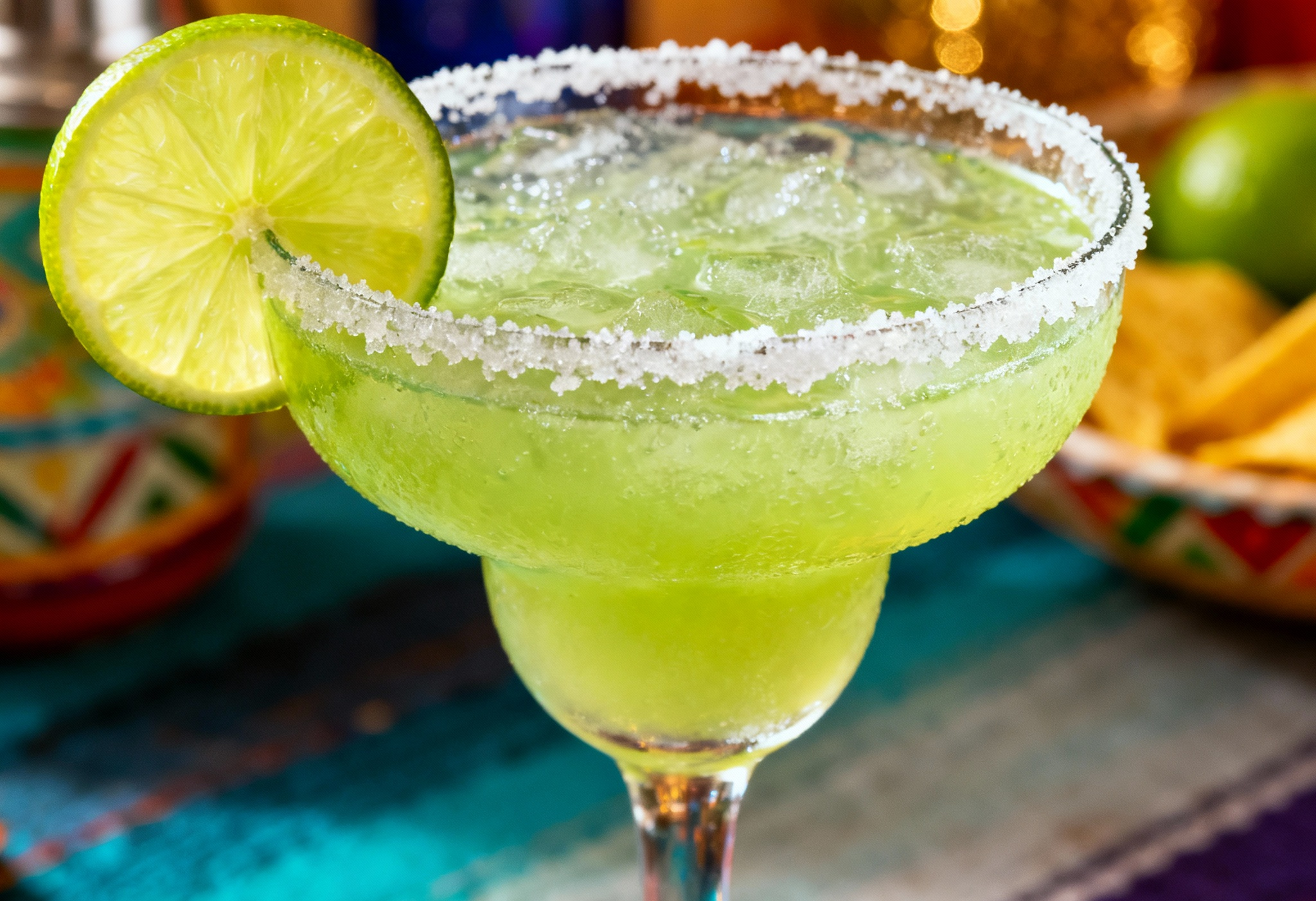 Cóctel Margarita clásico con borde salado y rodaja de lima