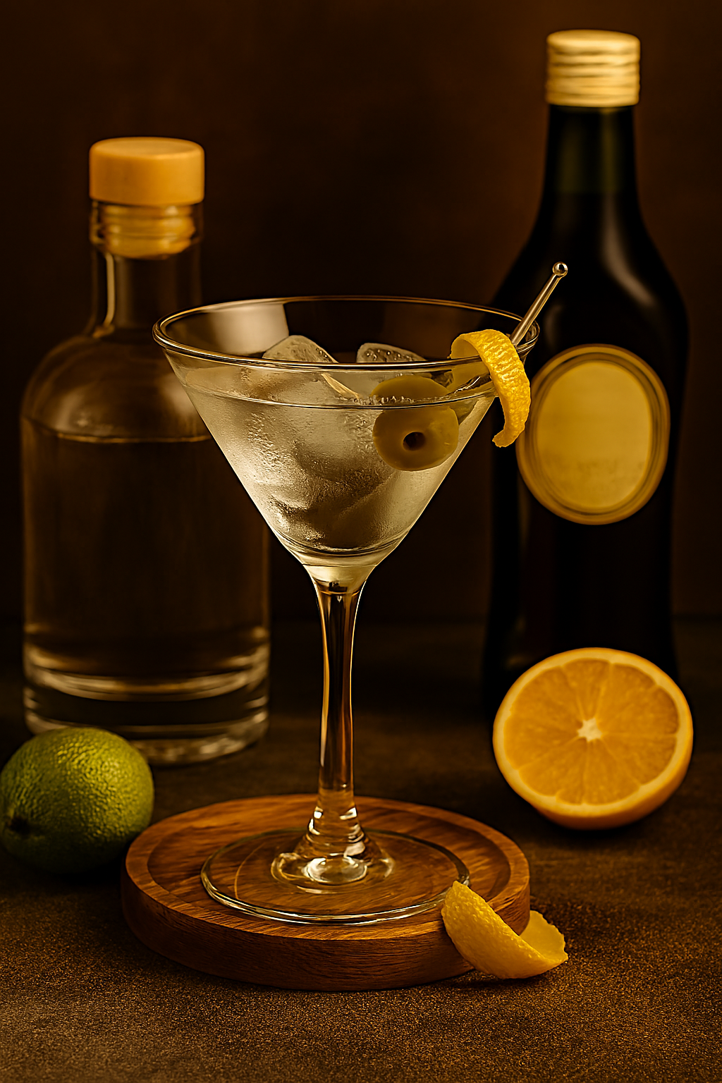 Ingredientes del Dry Martini: ginebra, vermut seco y aceitunas