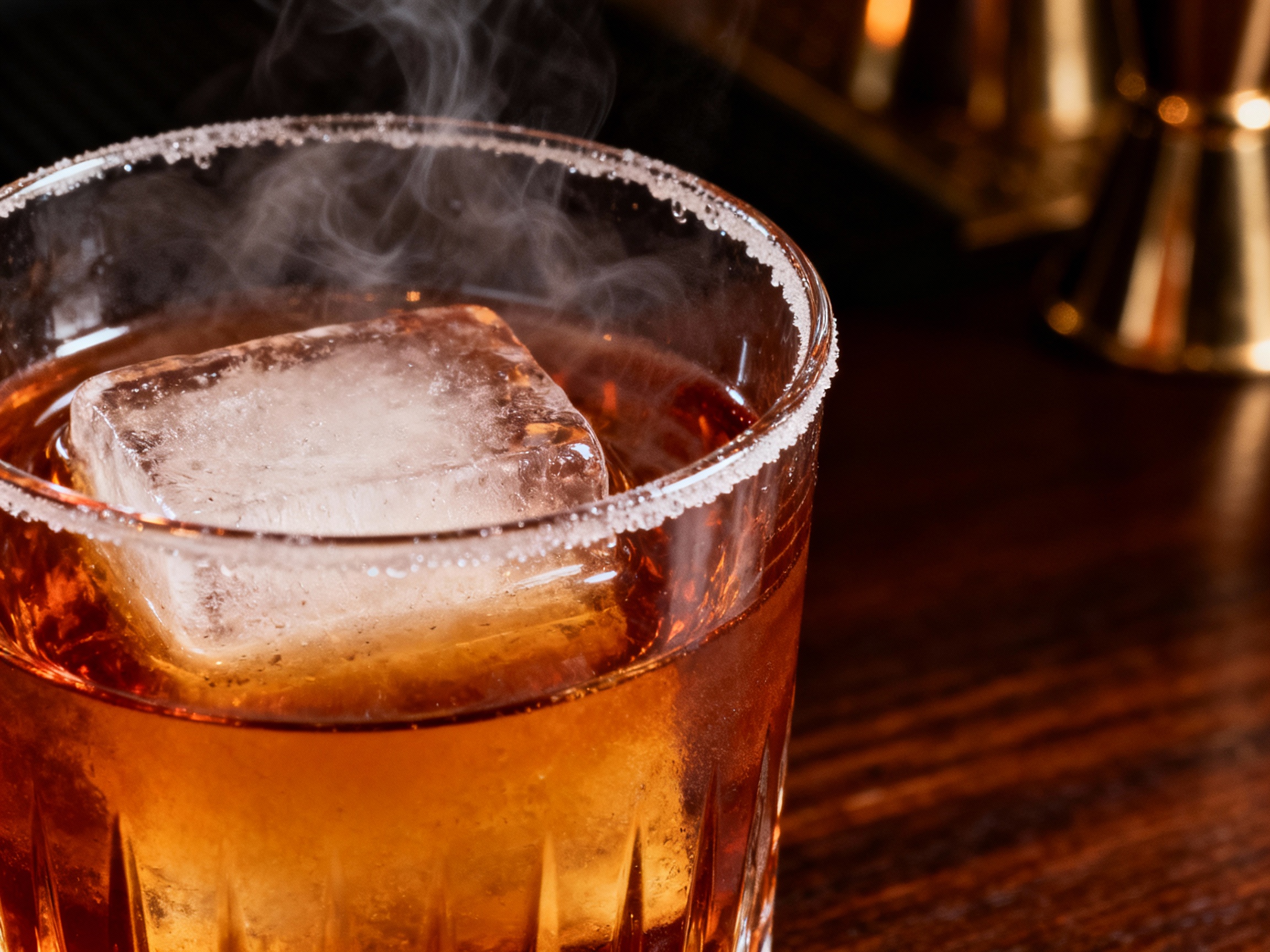 Mezcal Negroni servido en vaso bajo con hielo y piel de naranja