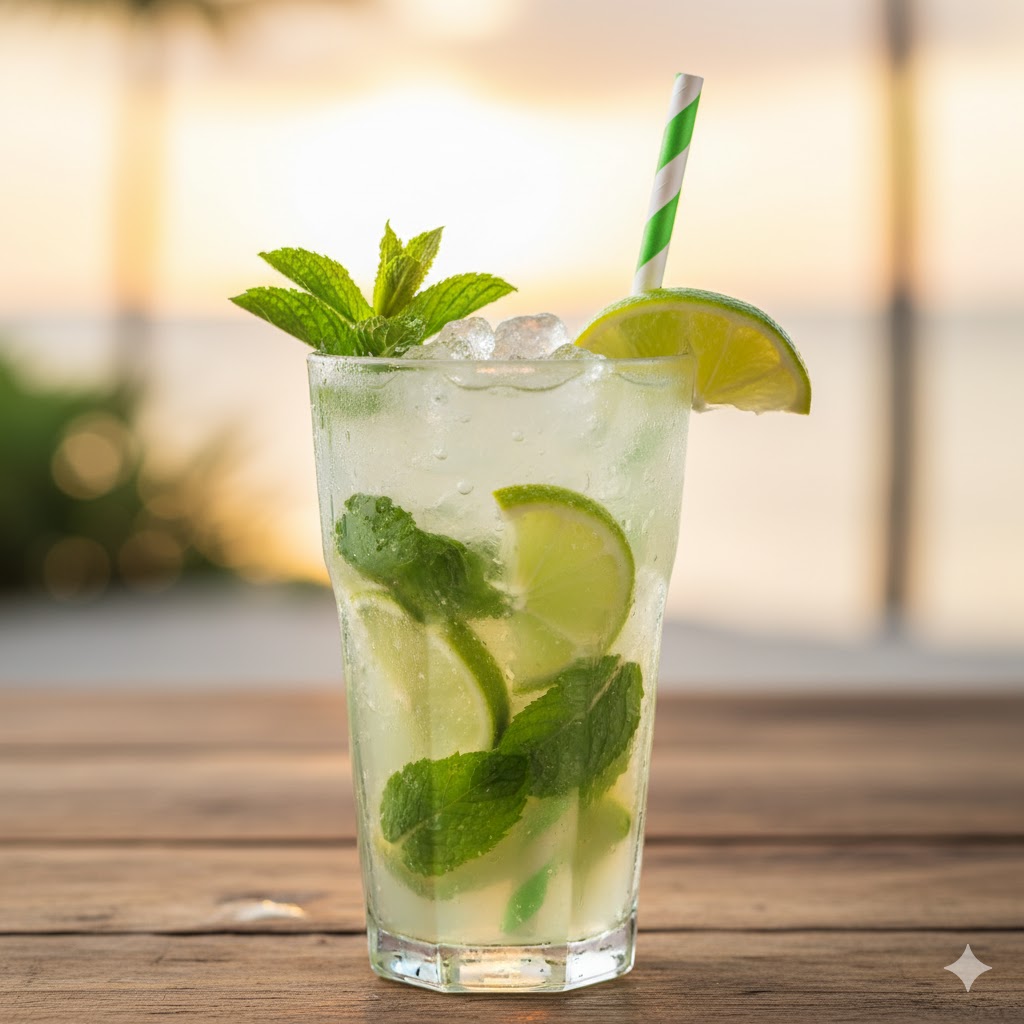 Mojito clásico cubano con ron, lima, hierbabuena y hielo picado