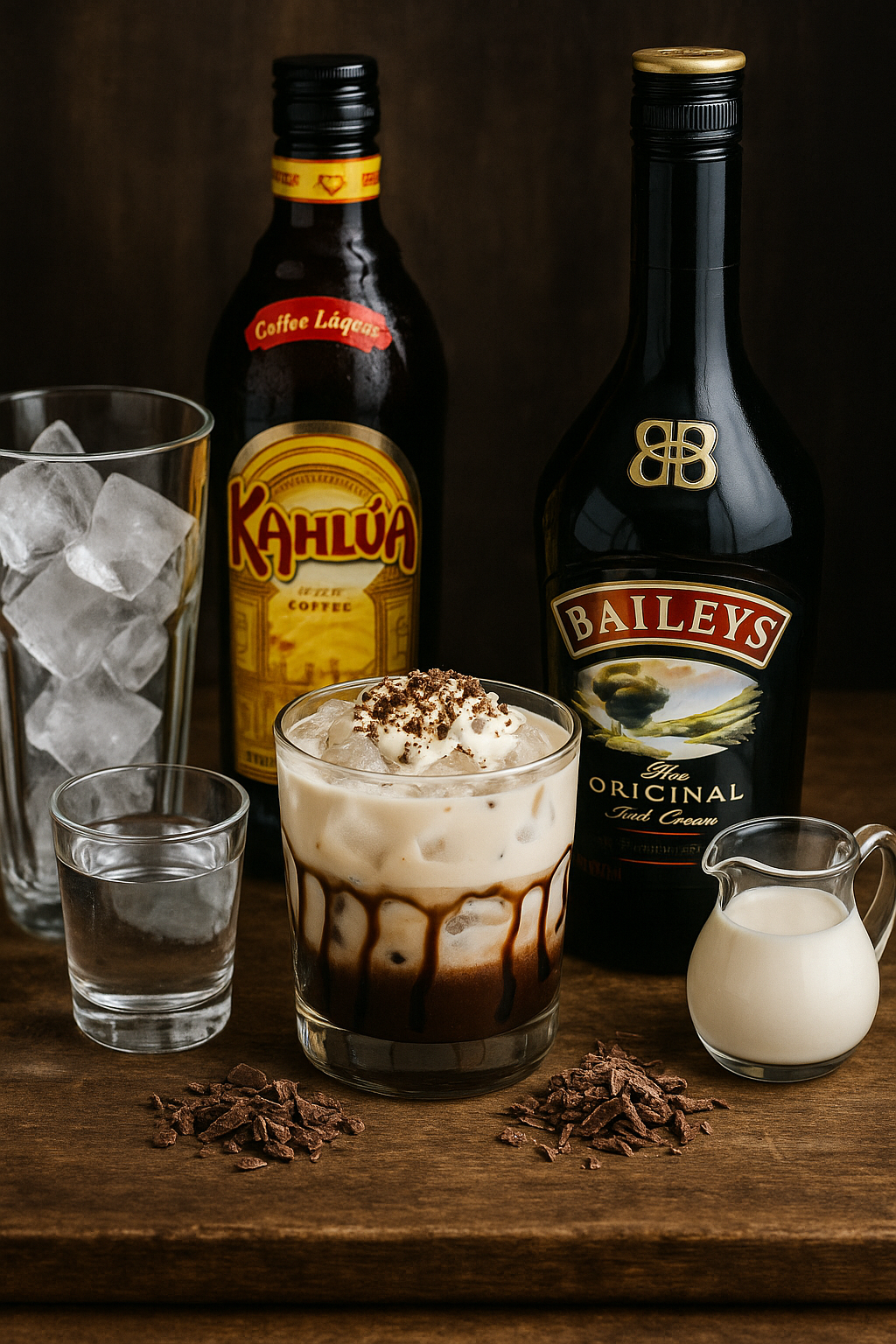 Ingredientes del Mudslide: vodka, licor de café, crema irlandesa y nata