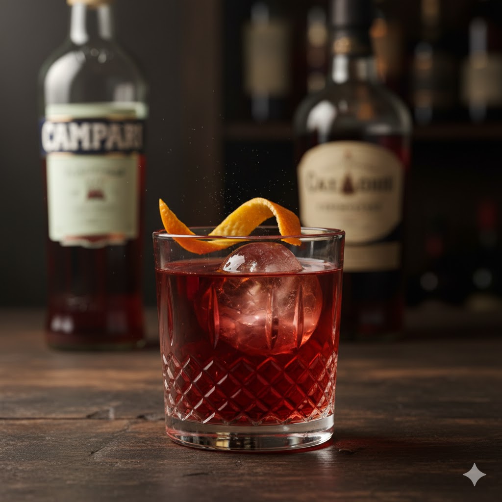 Negroni con hielo y twist de naranja