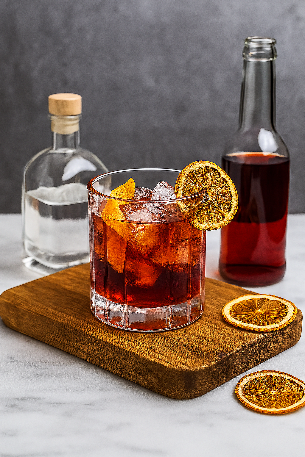 Ingredientes del Negroni: ginebra, vermut rojo, Campari y naranja