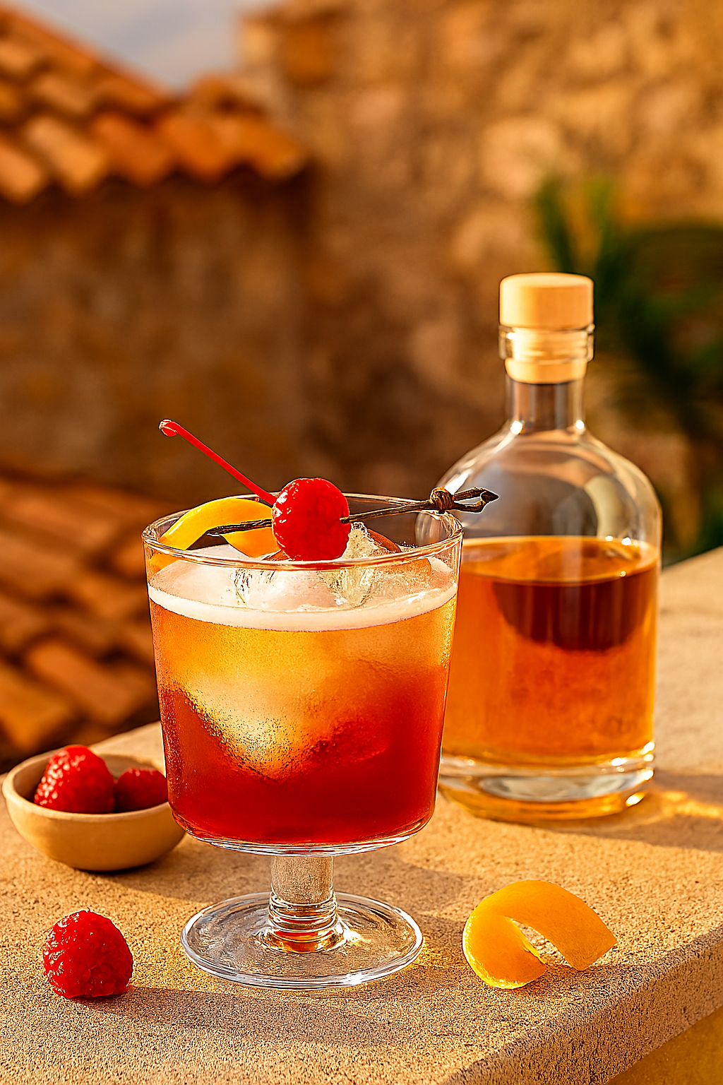 Ingredientes del Old Fashioned: whisky, azúcar, bitters y piel de naranja