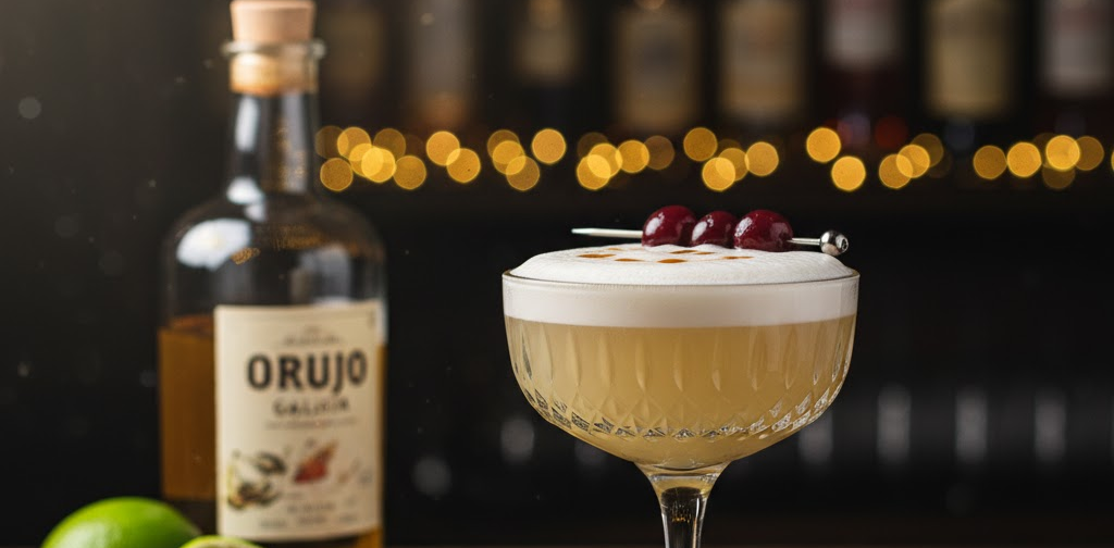 Orujo Sour clásico servido en copa de cóctel