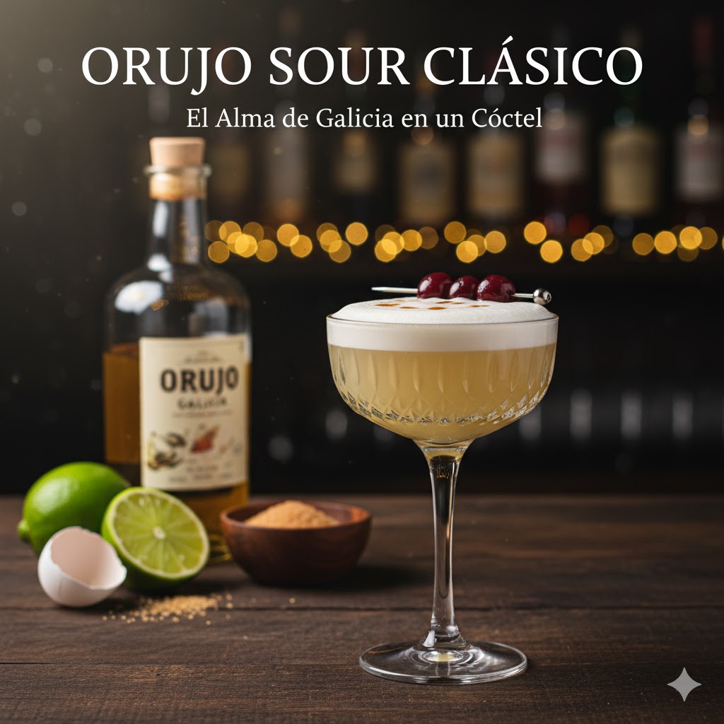 Orujo o Grappa Sour en copa con espuma