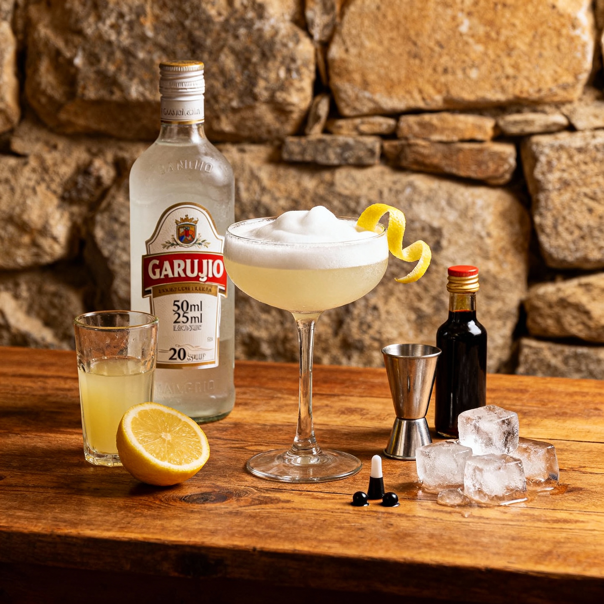 Ingredientes del Orujo Sour: orujo, limón, sirope y clara de huevo