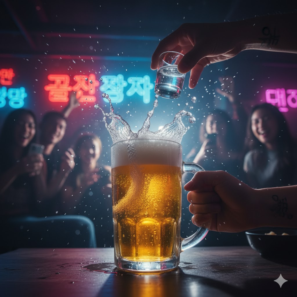 Cóctel Poktanju servido con vaso de soju dentro de cerveza