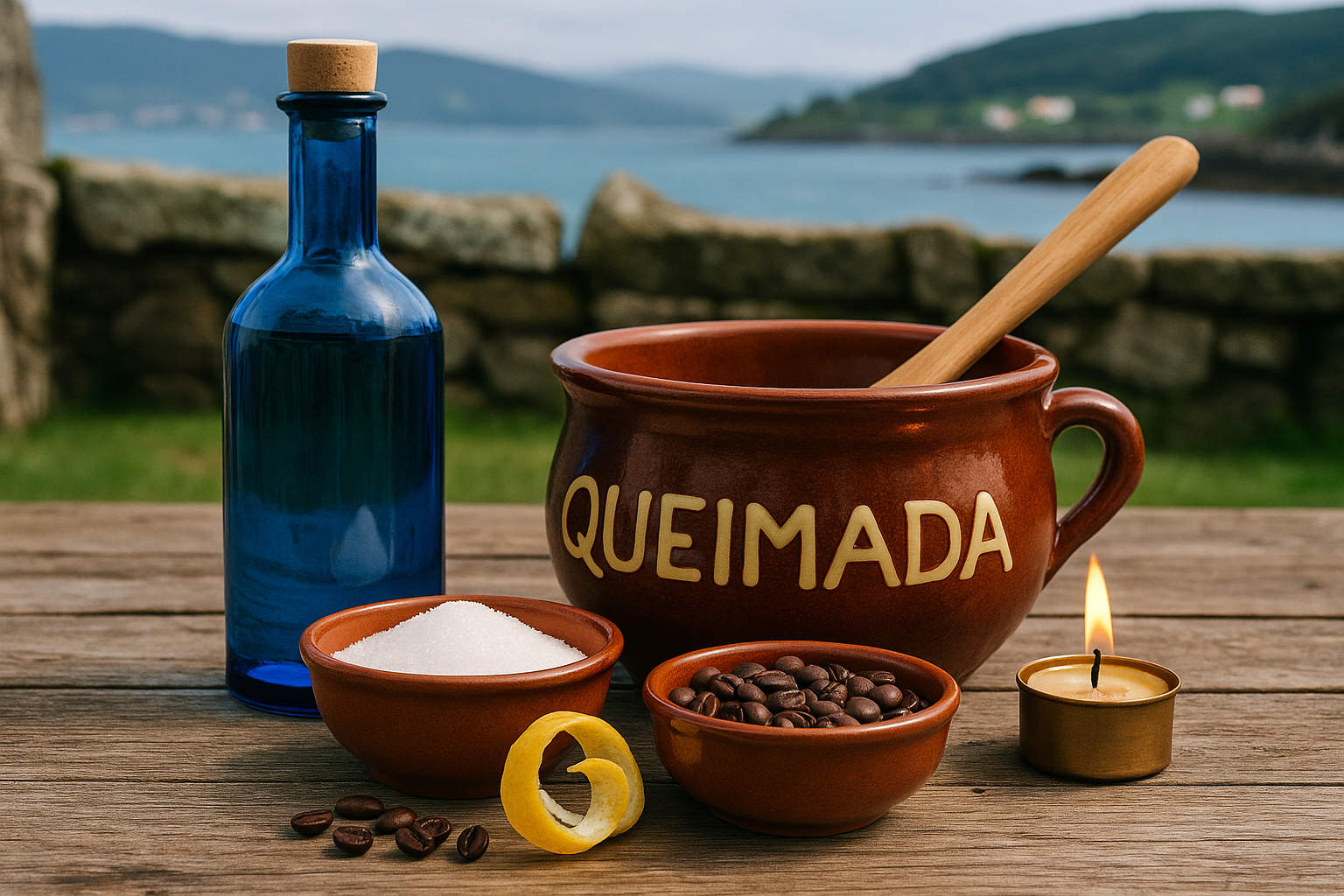 Ingredientes para la Queimada: aguardiente, azúcar, limón y café