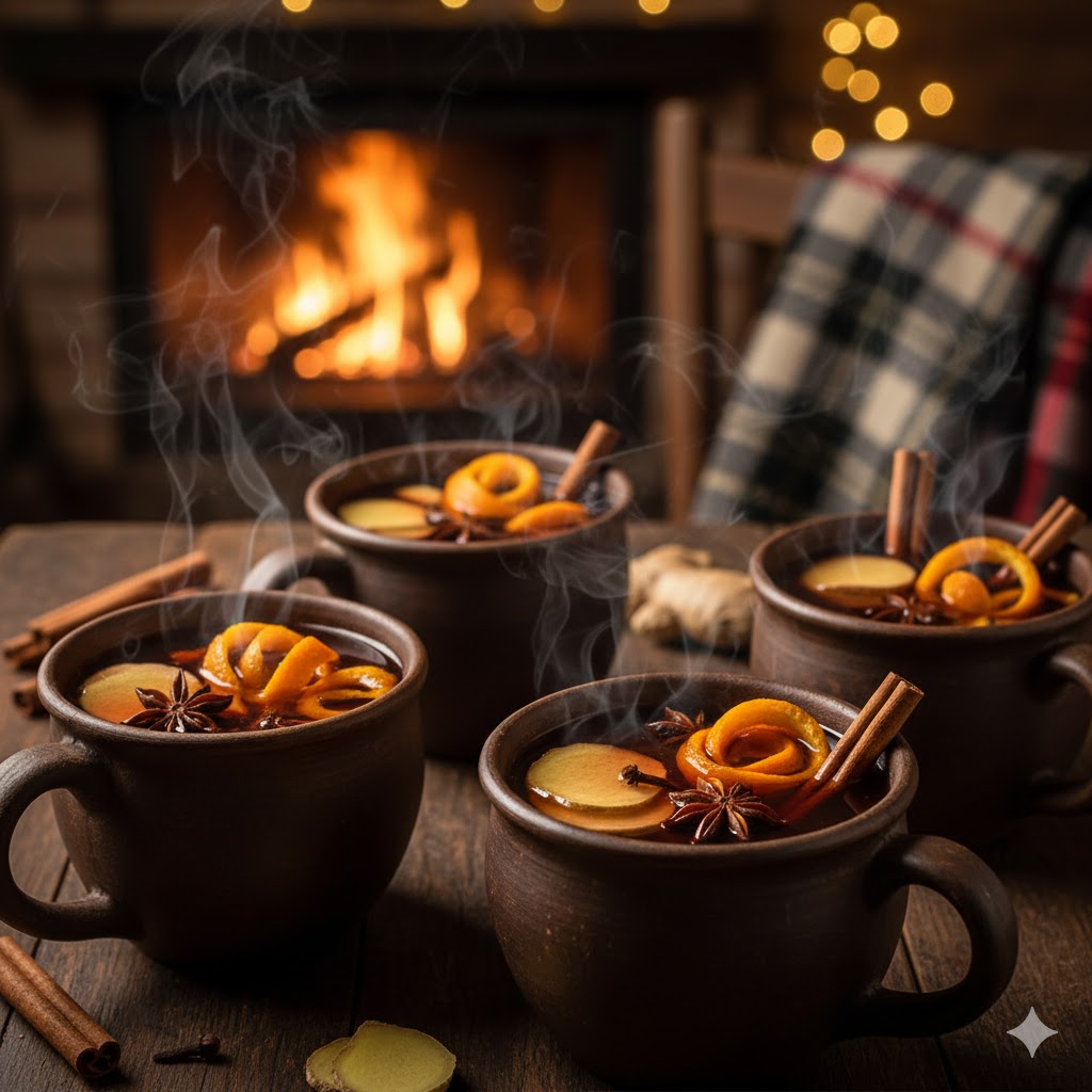 Quentão brasileño servido caliente con cáscaras de cítricos y especias