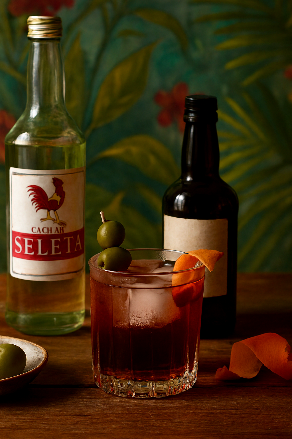 Ingredientes del Rabo de Galo: cachaça, vermut rojo y bitter