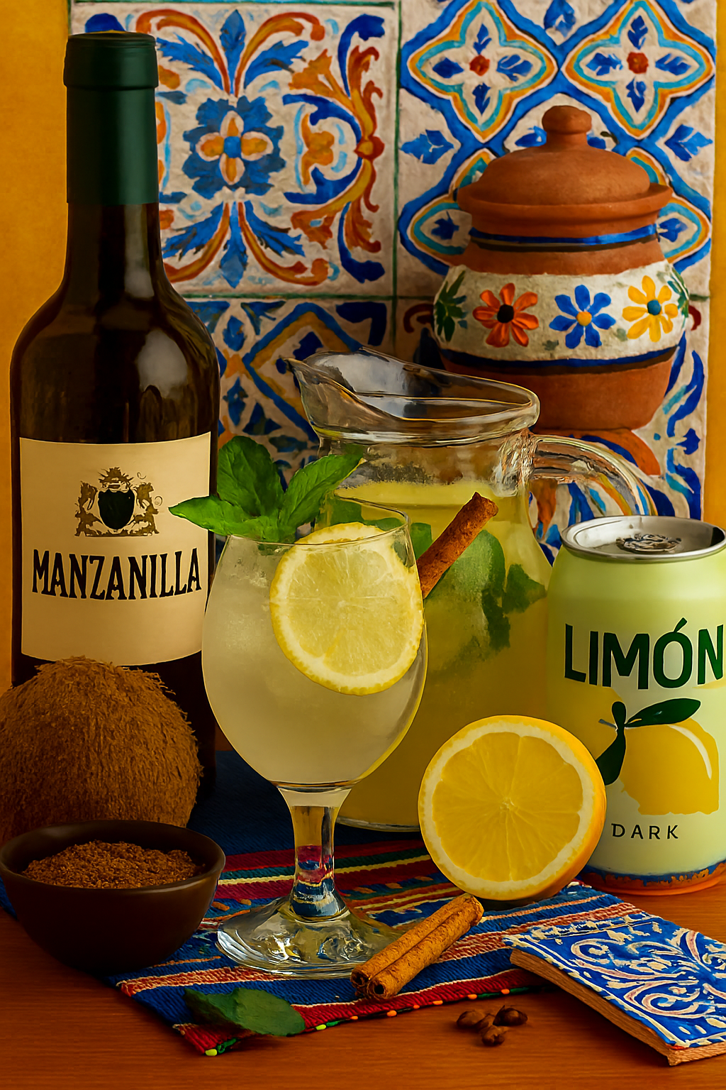 Ingredientes para rebujito: vino fino, refresco de limón, menta y hielo