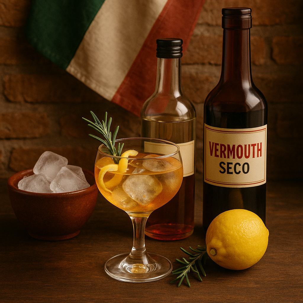 Ingredientes del Respetto Grappa: grappa, vermut, licor de naranja y limón