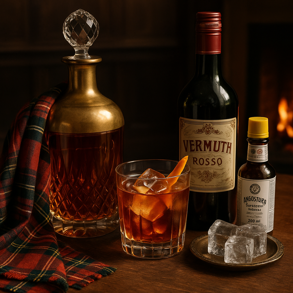 Ingredientes del Rob Roy: whisky escocés, vermú rojo y bíteres