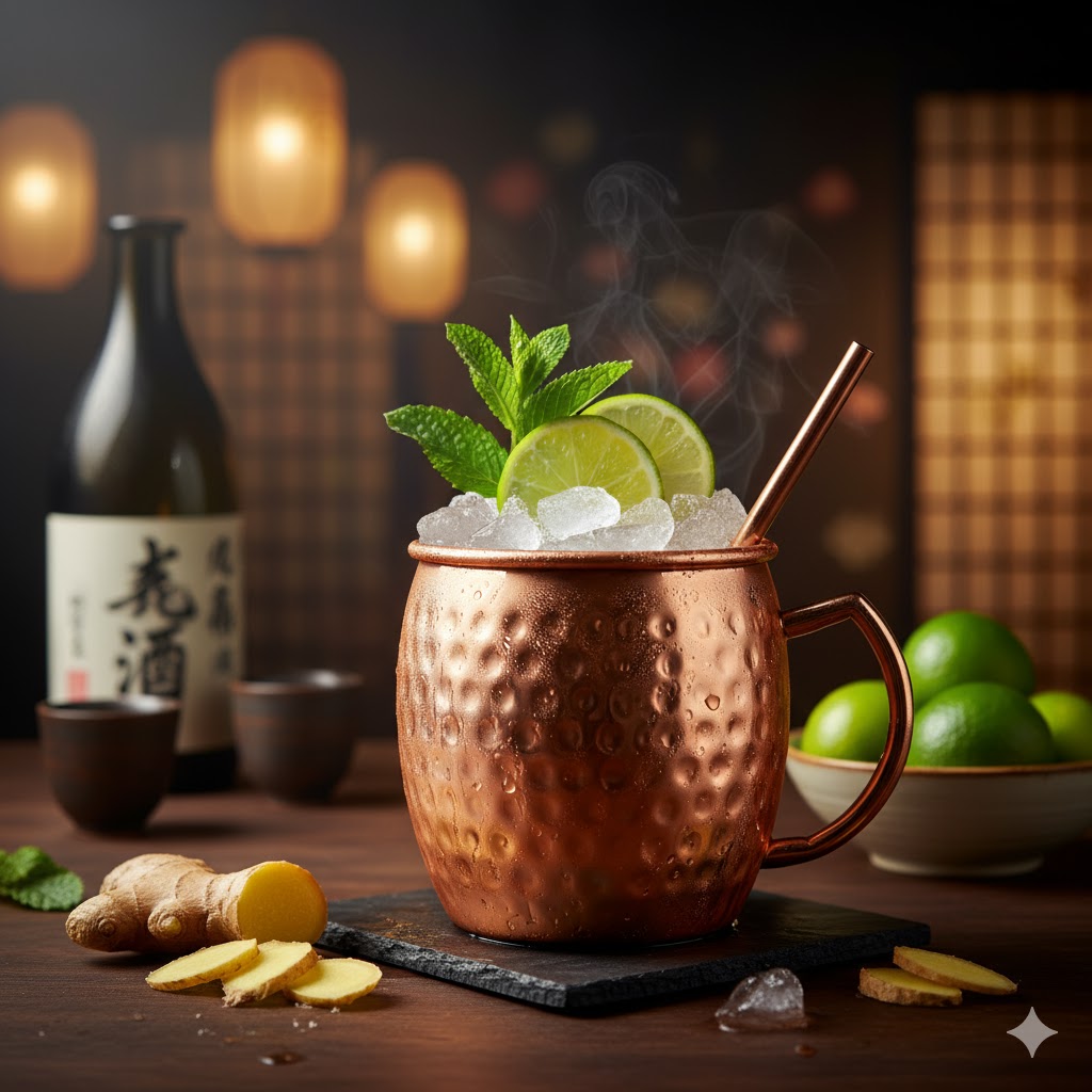 Cóctel Sake Mule servido en vaso de cobre con hielo y lima