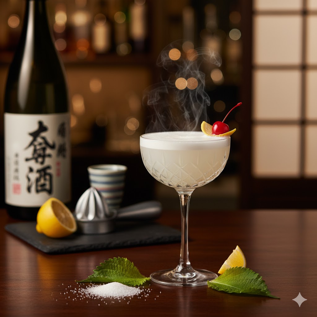 Cóctel Sake Sour servido en copa baja con hielo y rodaja de limón