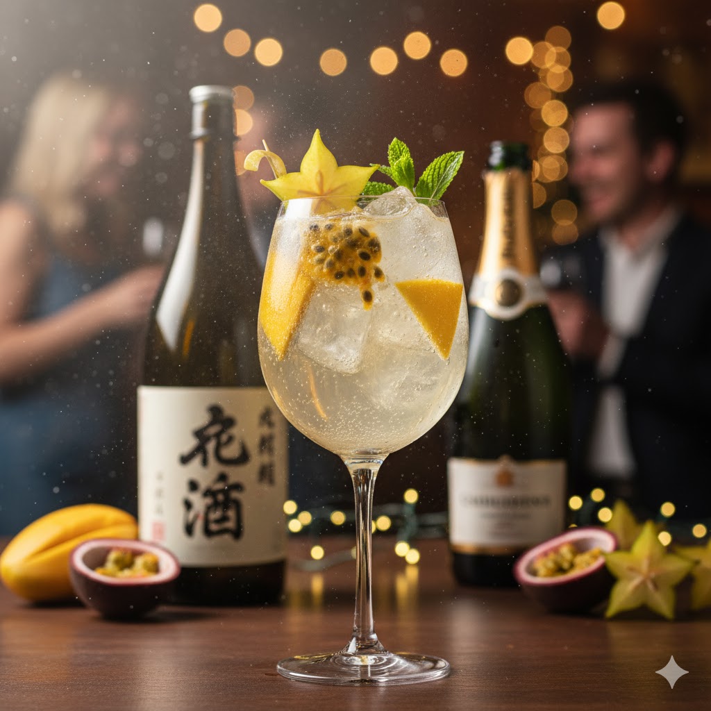 Cóctel Sake Spritz servido en copa con burbujas y frutas