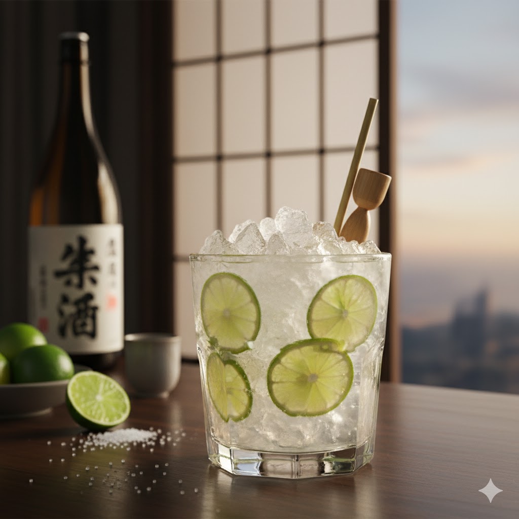 Cóctel Sakerinha servido en vaso bajo con lima y hielo