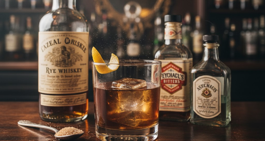 Cóctel Sazerac servido en vaso bajo