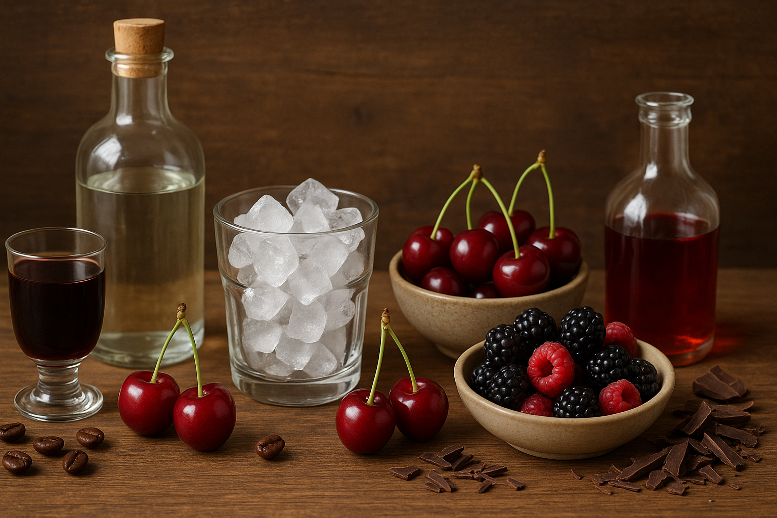 Ingredientes del Selva Negra con Cachaça: cachaça, licor de cacao, café y frutos rojos