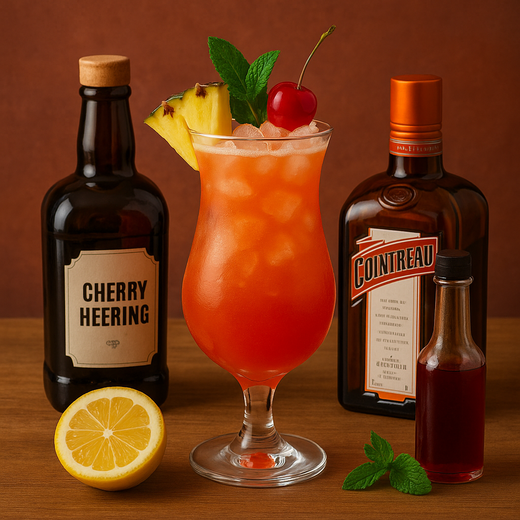 Ingredientes del Singapore Sling: ginebra, cherry liqueur, cítricos y piña