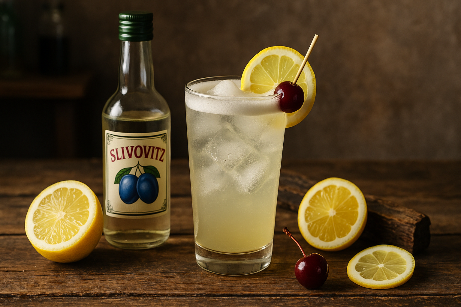 Ingredientes del Slivovitz Collins: slivovitz, limón, jarabe simple y soda