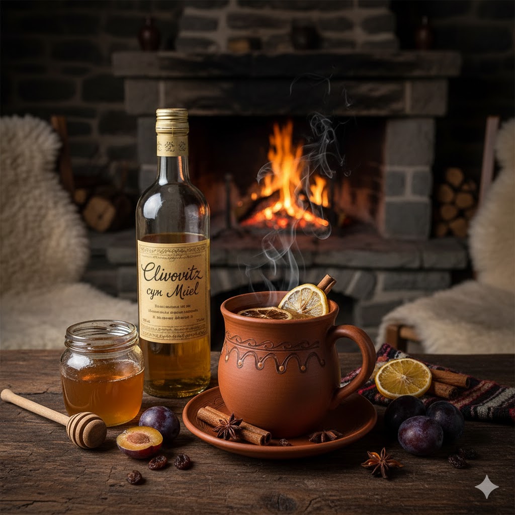 Cóctel Slivovitz con miel caliente servido en taza