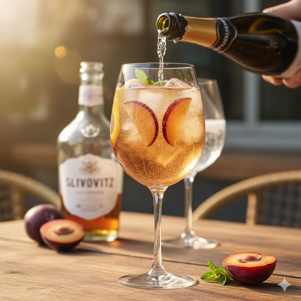 Slivovitz Plum Spritz servido en copa con rodaja de ciruela