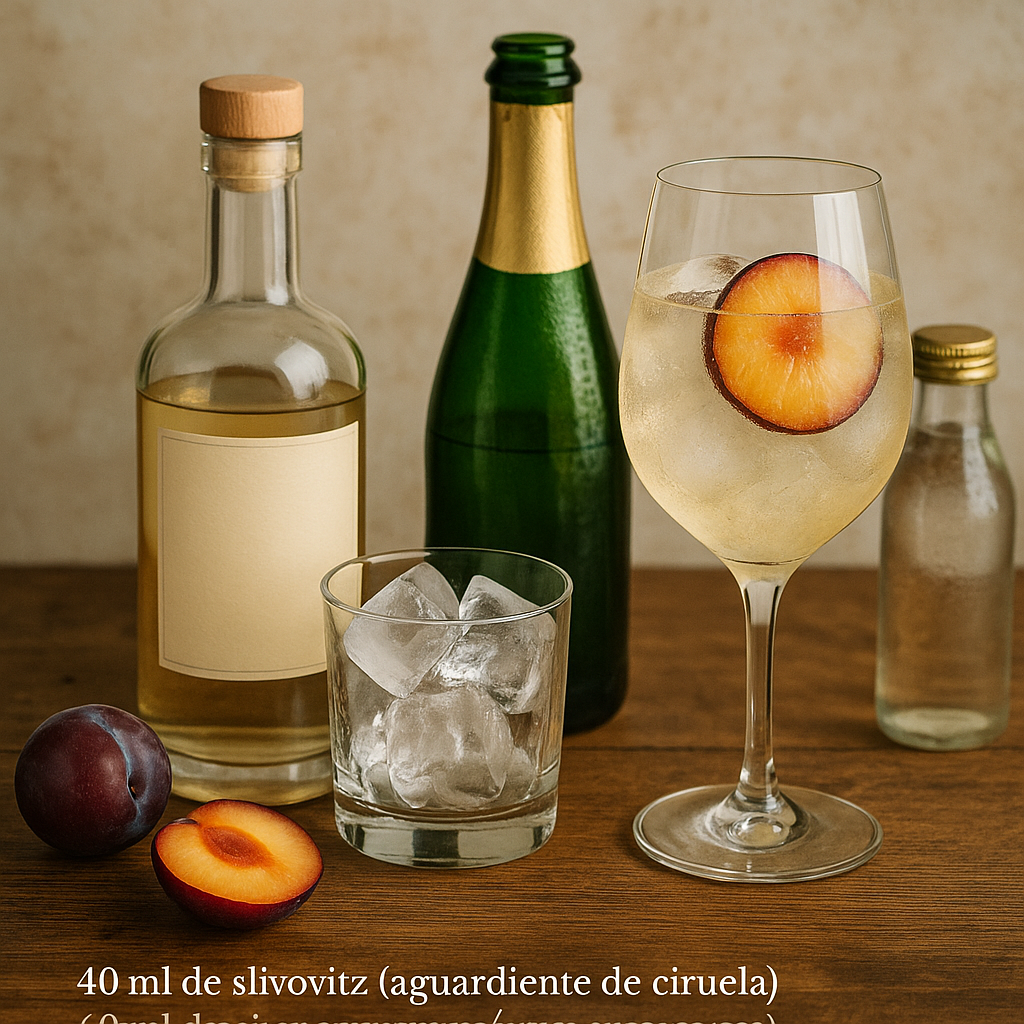 Ingredientes del Slivovitz Plum Spritz: slivovitz, cava, soda y ciruela