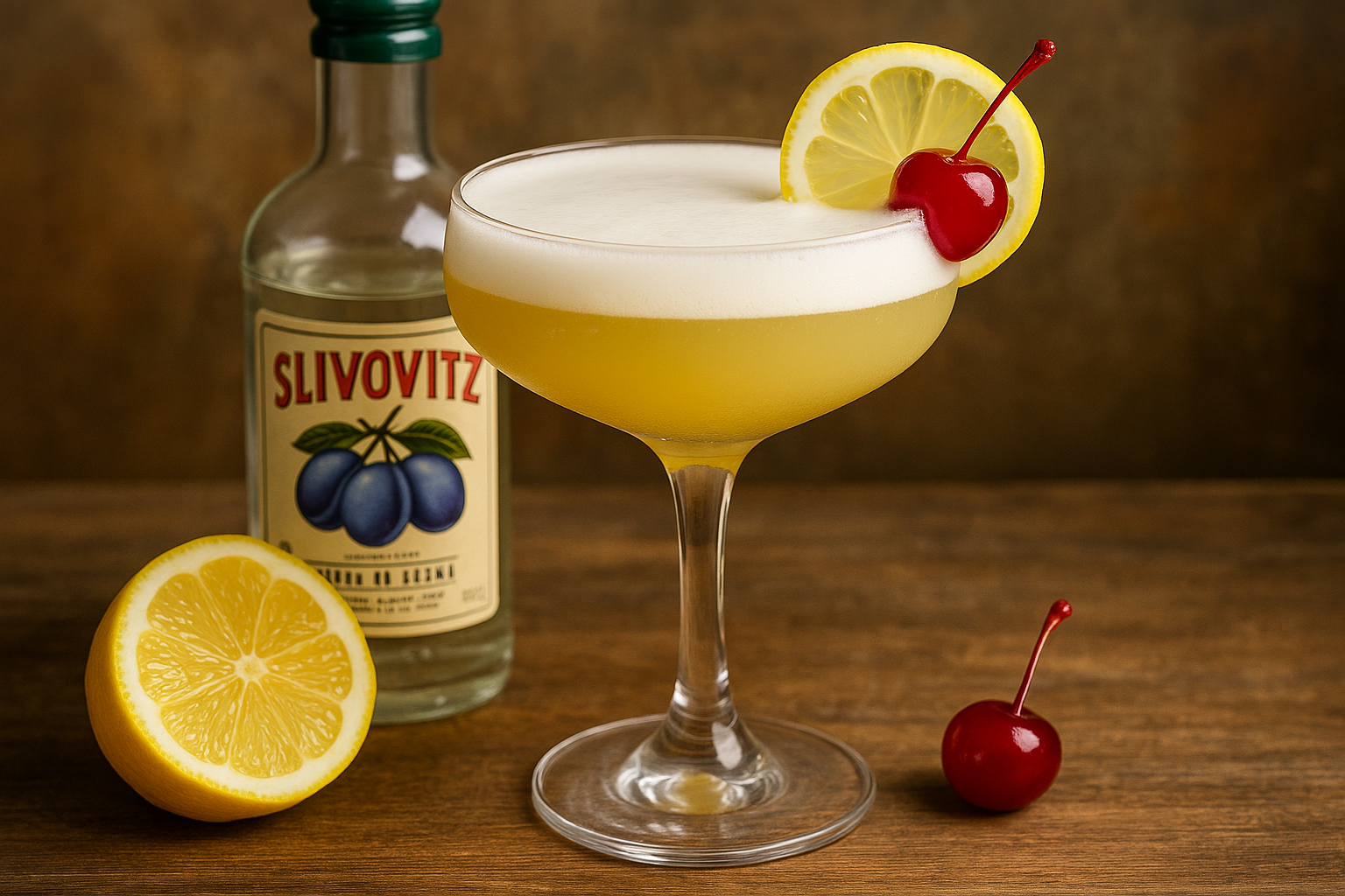 Ingredientes del Slivovitz Sour: slivovitz, limón, jarabe simple y clara de huevo