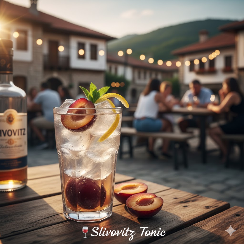 Slivovitz Tonic servido en vaso alto con rodaja de limón