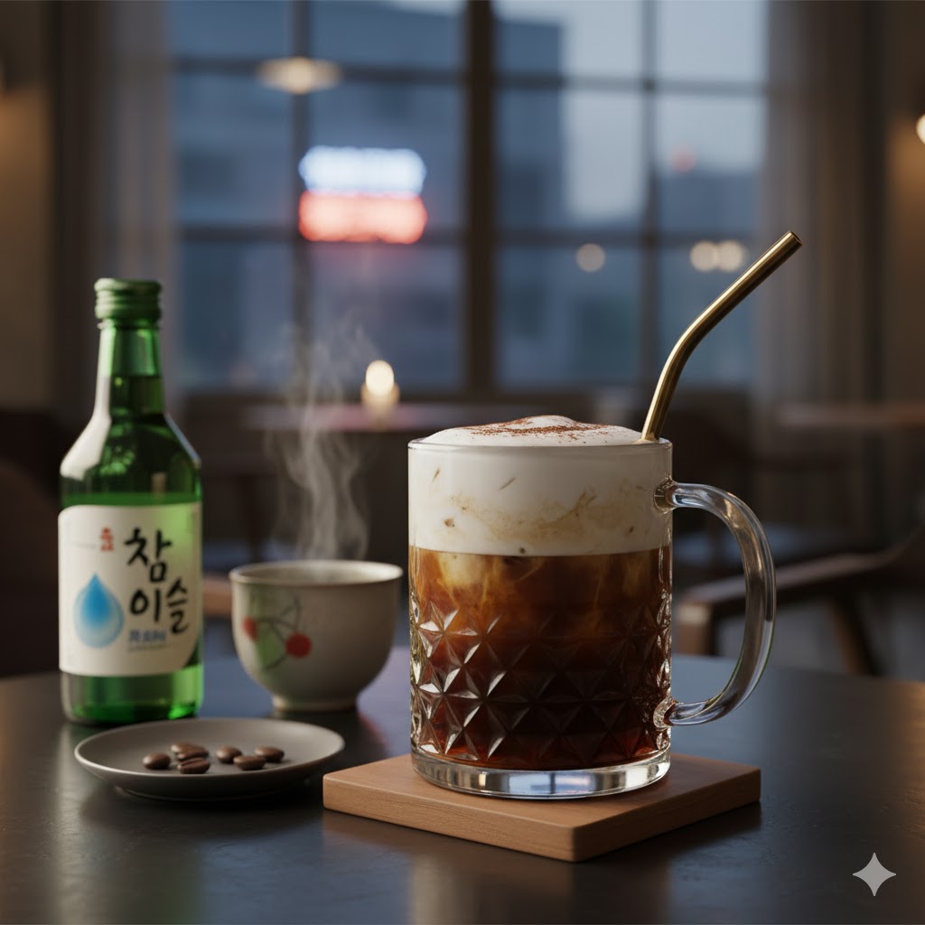 Cóctel Soju Coffee servido en vaso bajo con hielo