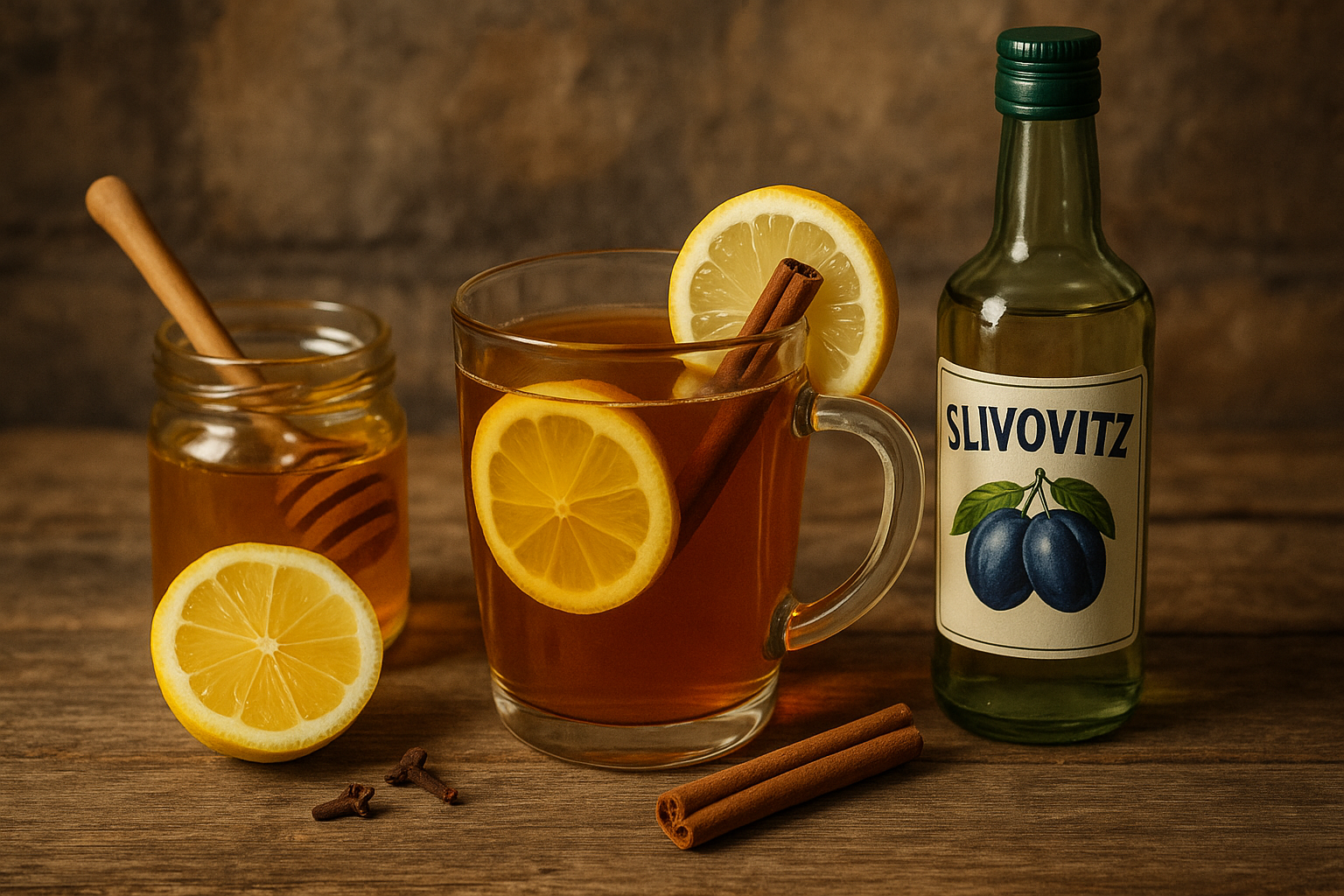 Ingredientes del Šumadija Tea: slivovitz, té, miel y especias