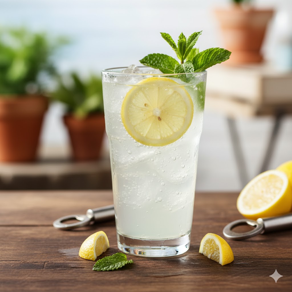 Tom Collins alto con rodaja de limón