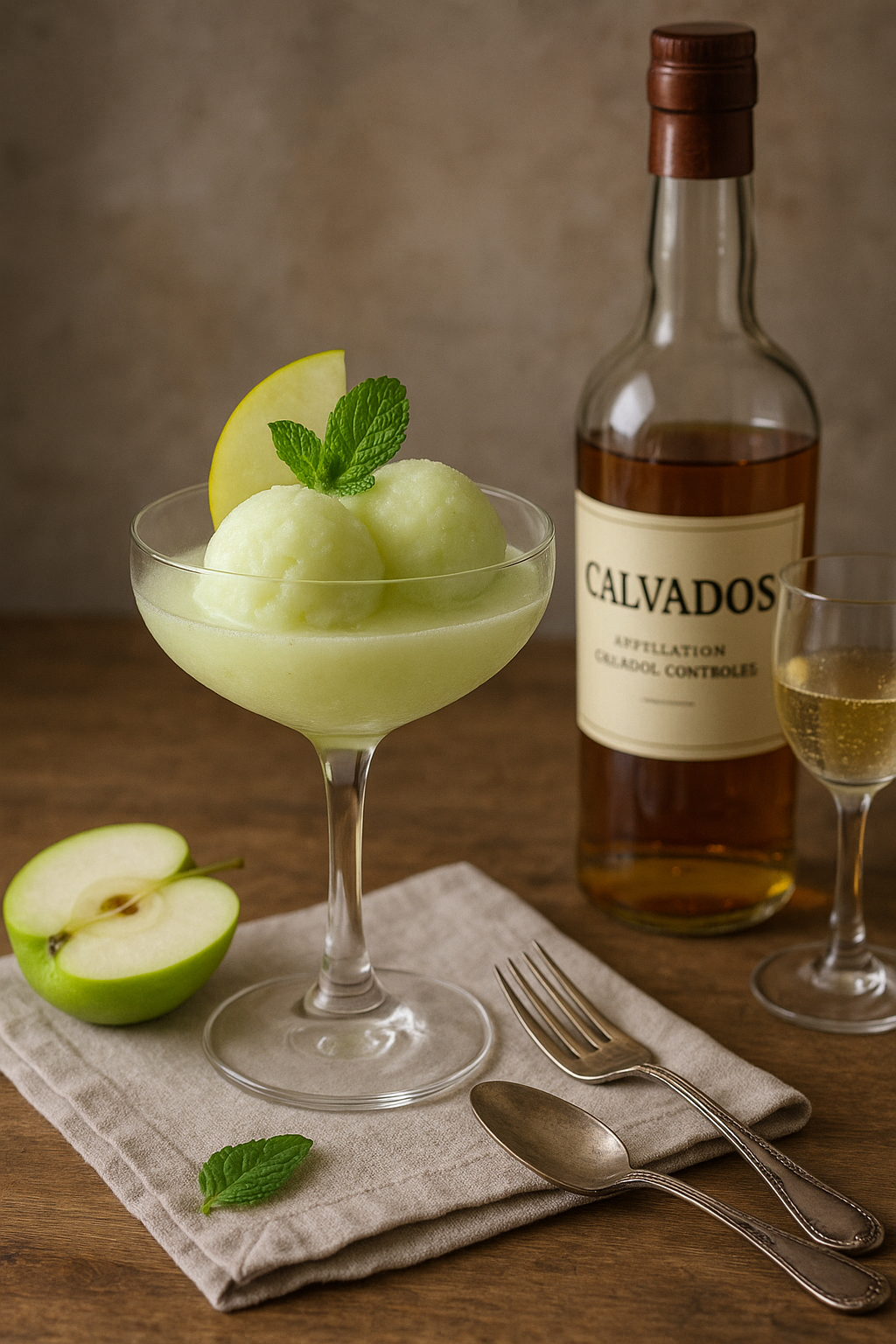 Ingredientes del Trou Normand: sorbete de manzana, Calvados y sidra