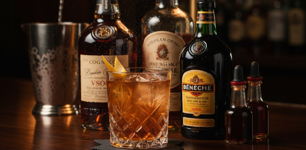 Cóctel Vieux Carré servido en vaso bajo con hielo