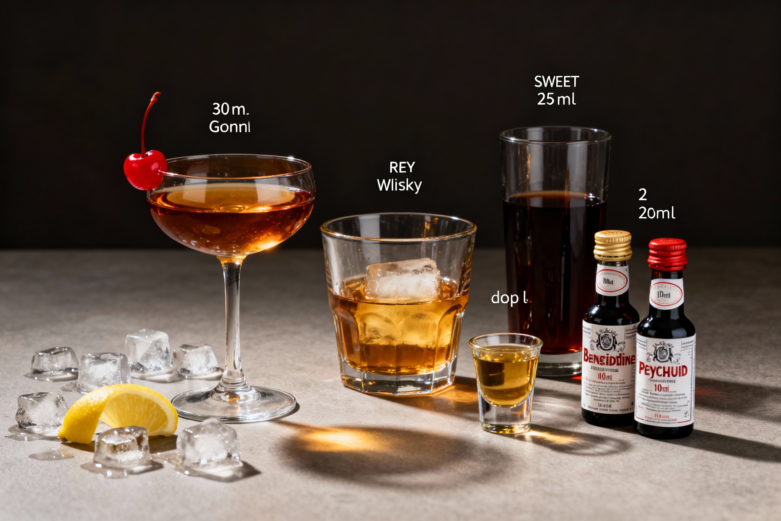 Ingredientes del Vieux Carré: coñac, whisky de centeno, vermut dulce y Bénédictine