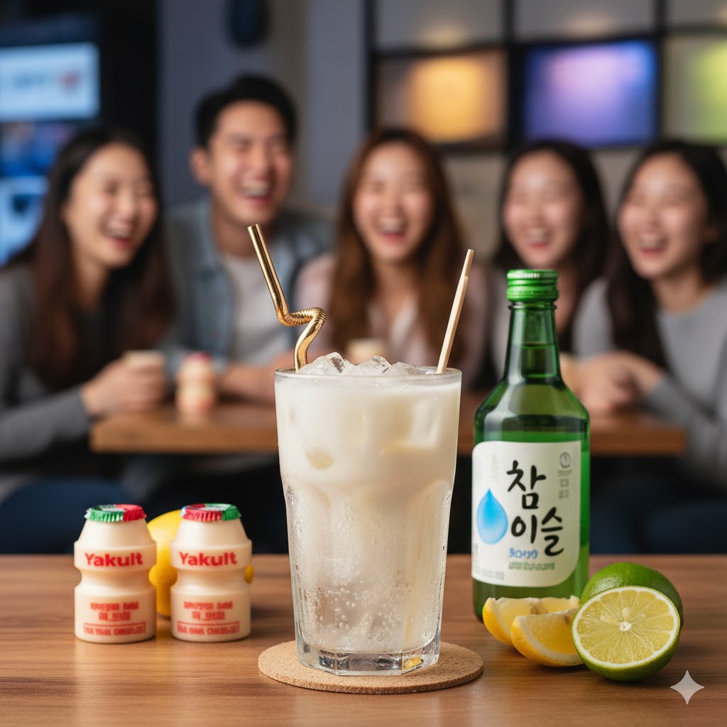 Cóctel Yakult Soju servido en vaso alto con hielo