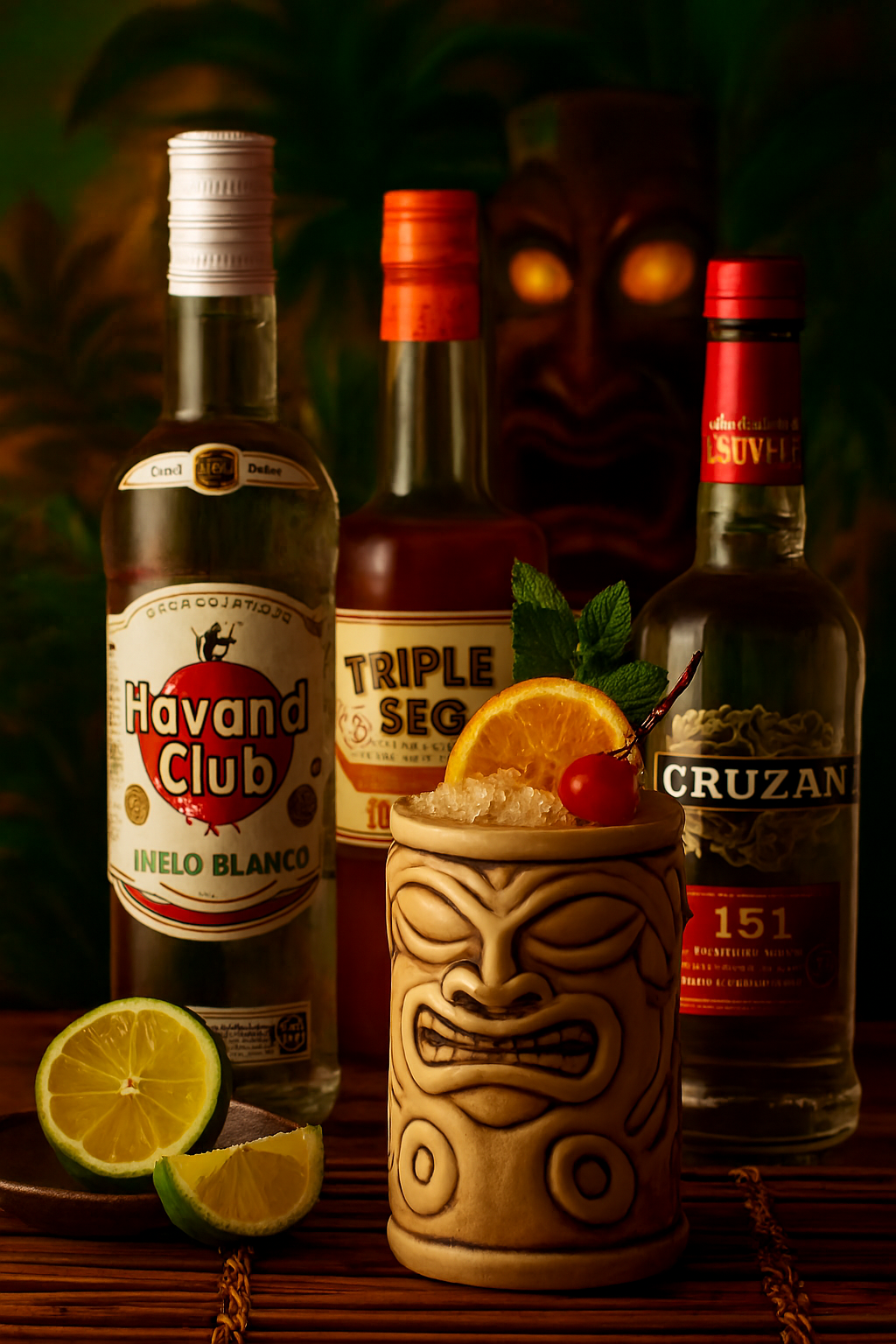 Ingredientes del Zombie tiki: varios rones, jugos y jarabes