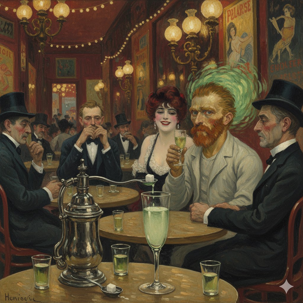 Pintura histórica de un artista consumiendo absenta en un café parisino