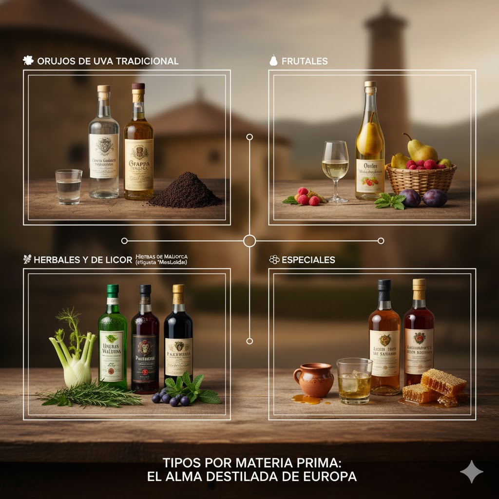 Destilados por materia prima: orujos, frutales, herbales y especiales