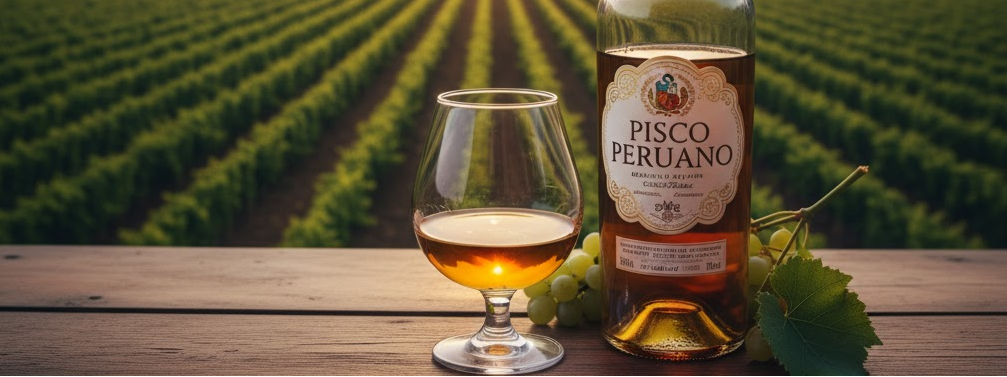 Pisco peruano servido en copa, con viñedos de fondo