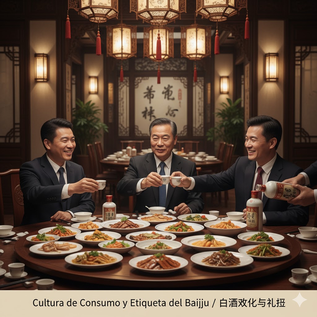 Brindis con baijiu en una mesa tradicional china