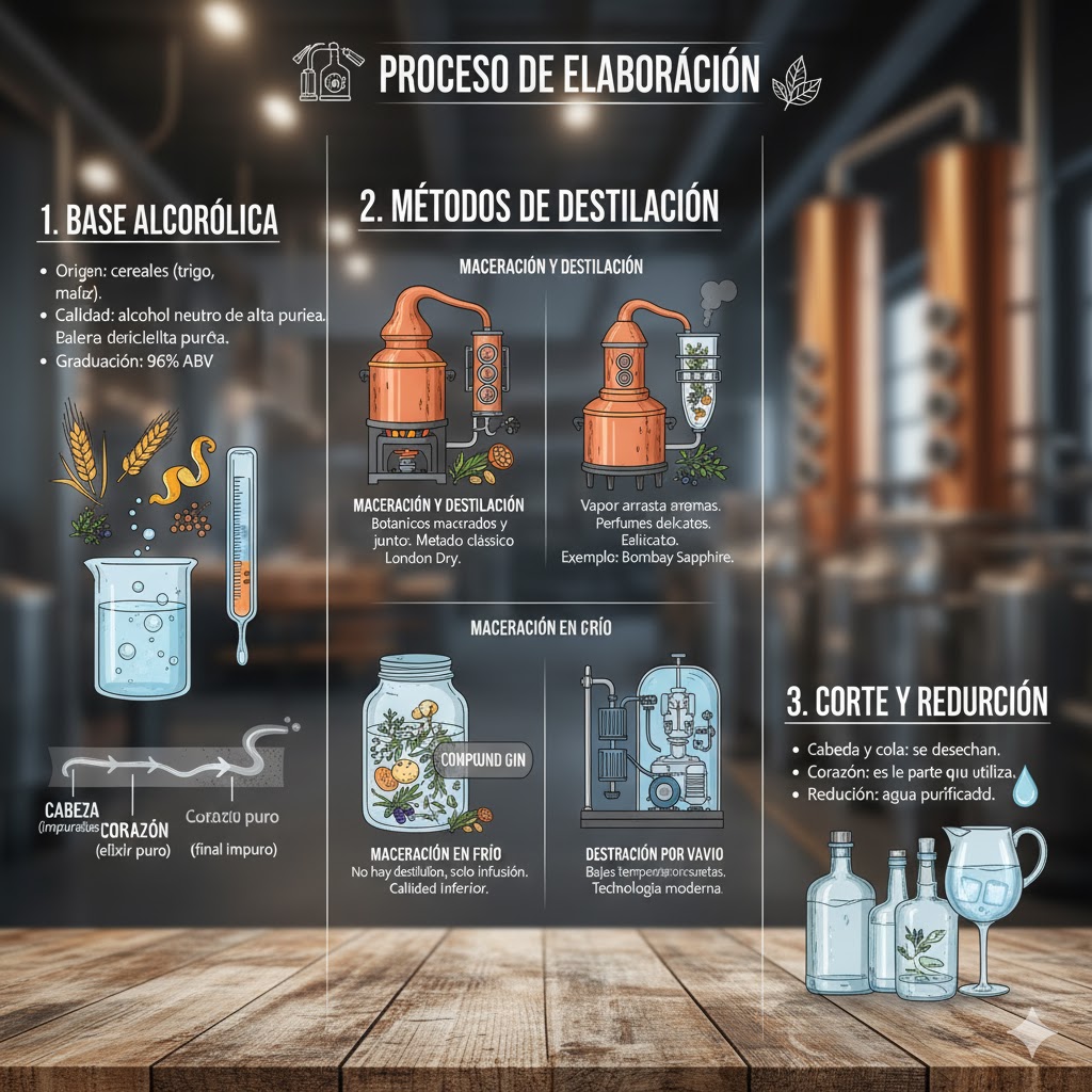 Proceso de elaboración de la ginebra: base alcohólica, destilación y corte