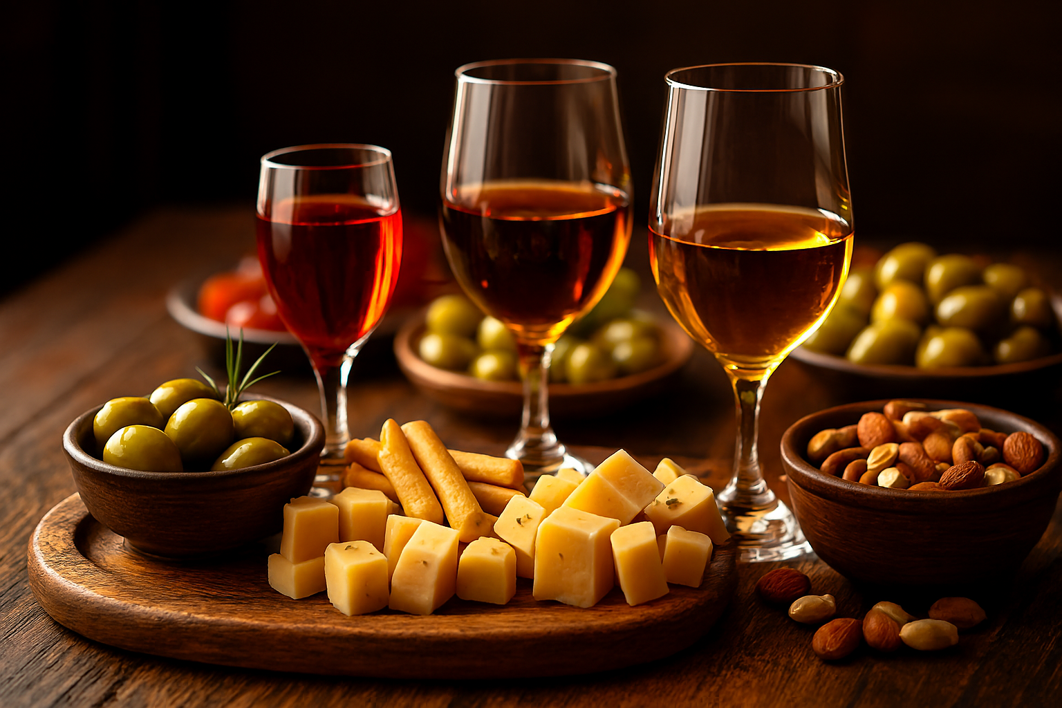 Licores y vermut servidos con aperitivos como aceitunas, quesos y frutos secos