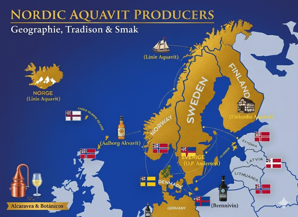 Mapa de países nórdicos productores de Aquavit