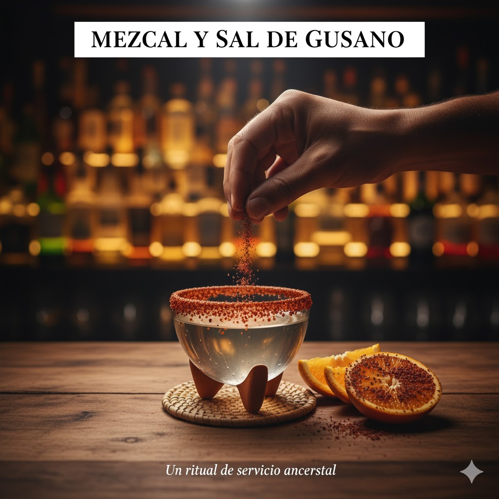 Mezcal servido con sal de gusano en el borde