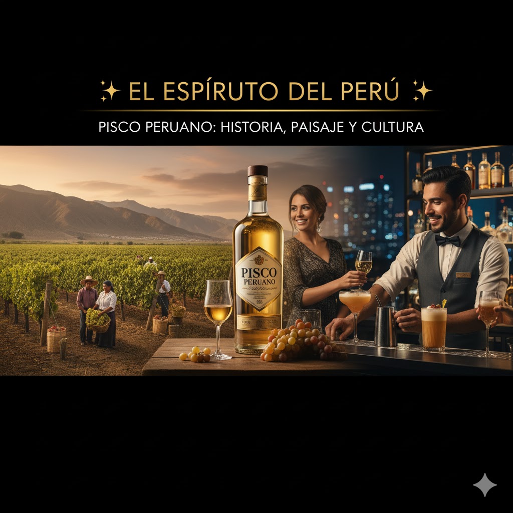 Botellas y copas de pisco peruano en una bodega tradicional